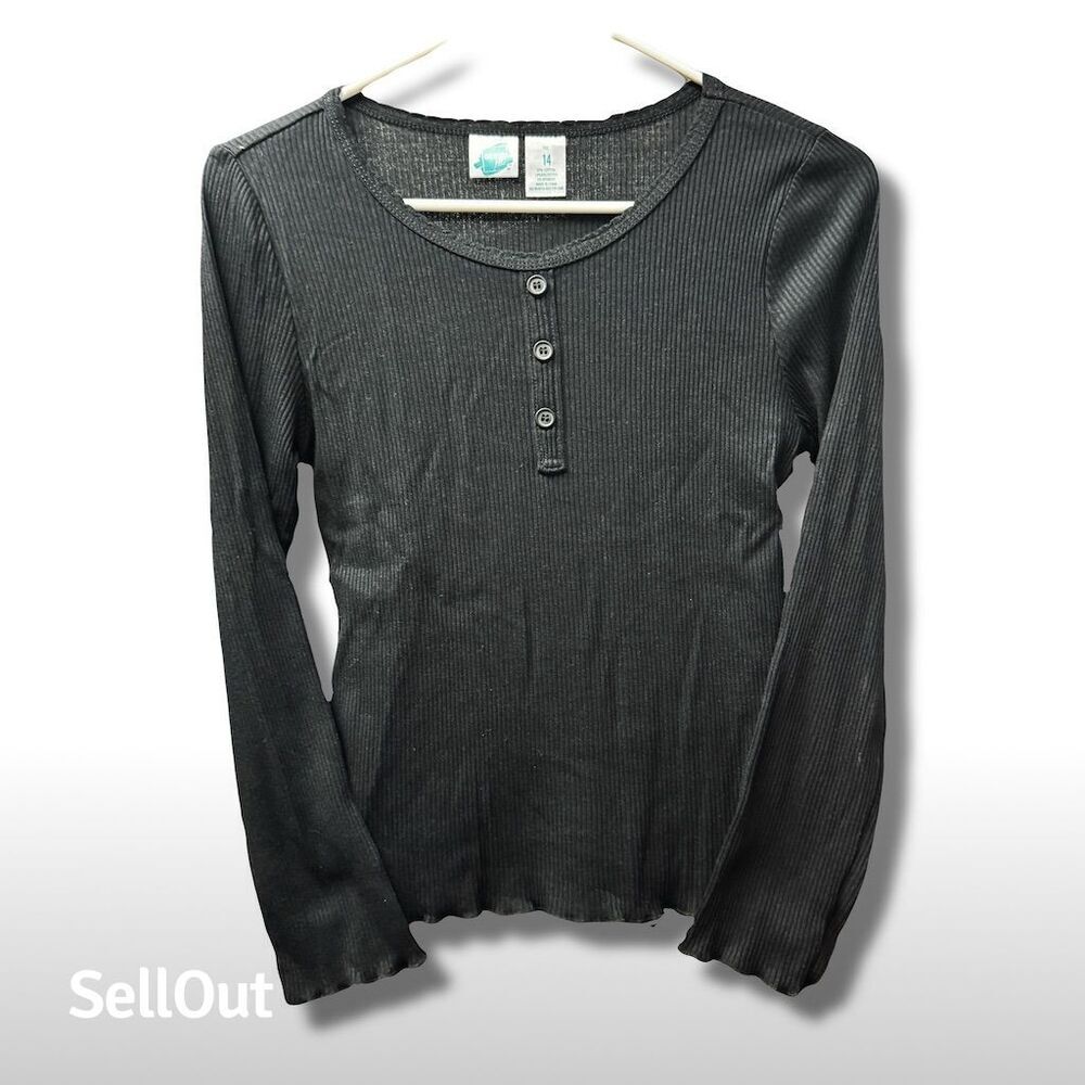 Extremely Me Girls Long Sleeve Ribbed Henley Top Black Size 14-15
